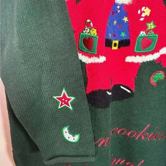 Quacker Factory Knit Christmas Holiday Sweater Santa Milk Cookies Green Medium - Picture 6 of 6